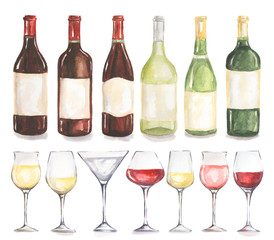 Watercolor wine bottles and glasses set. Beautiful bottles and glasses for decoration menu in restaurant or cafe. Alcoholic beverage.