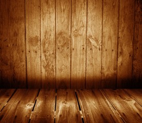 Wooden interior with colorful wall and floor.