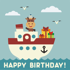 Happy birthday! Funny cow on the ship with birthday gift. Birthday card.