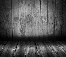 Wooden interior with colorful wall and floor.