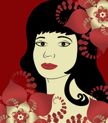 Beautiful woman's face with flowers on a red background