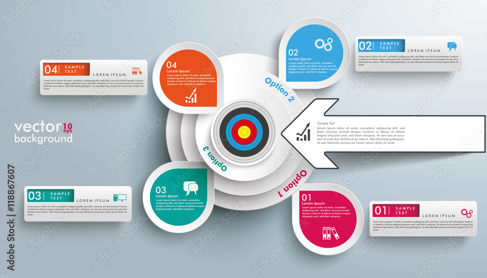 Wall mural white circles in circles 4 options banner tabs target arrow