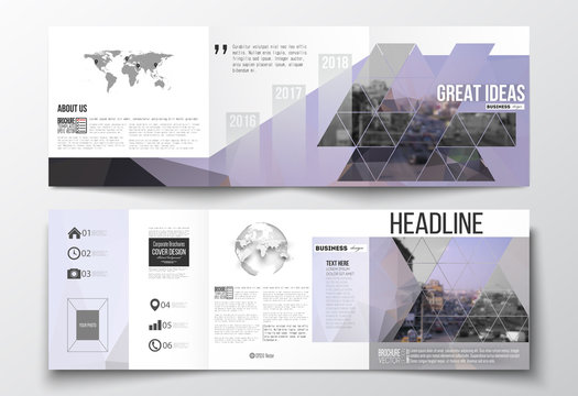 Set of tri-fold brochures, square design templates. Polygonal background, blurred image, urban landscape, modern stylish triangular vector texture