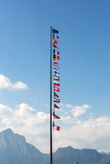 The National flags and the flag of the European Union flying in the wind in front of a blue sky.
