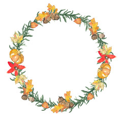 wreath autumn. Yellow leaves. Watercolor handmade.