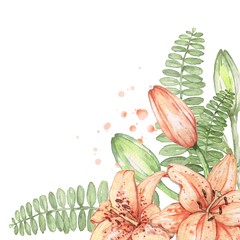 Lily10. Watercolor painting. For registration.Hand drawing. Decorative element for greeting card, Invitation card.