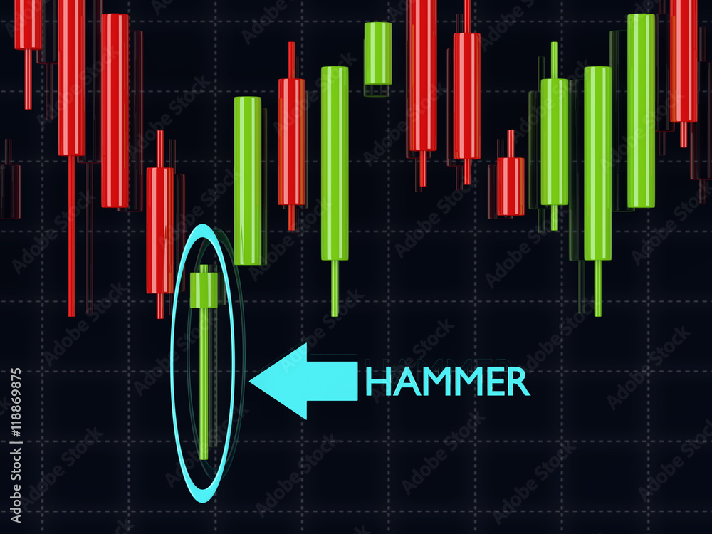 Poster 3d rendering of forex candlestick hammer pattern over dark