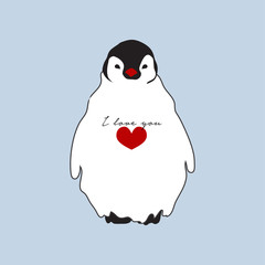 Cute fat penguin with red heart shape and I love you word illustration design