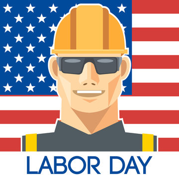 Labor Day design, with a worker with safety helmet and glasses over the flag of united states of america. Digital vector image