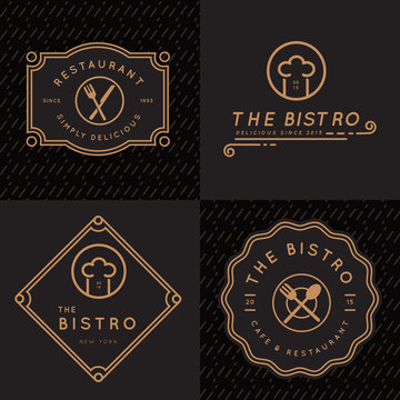 Set of vintage badges, banner, labels and logos for food restaurant, foods shop and catering in linear design. Vector illustration.