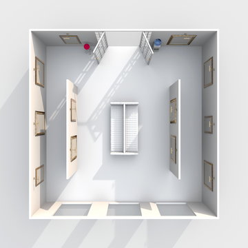 3d interior rendering plan view of furnished museum