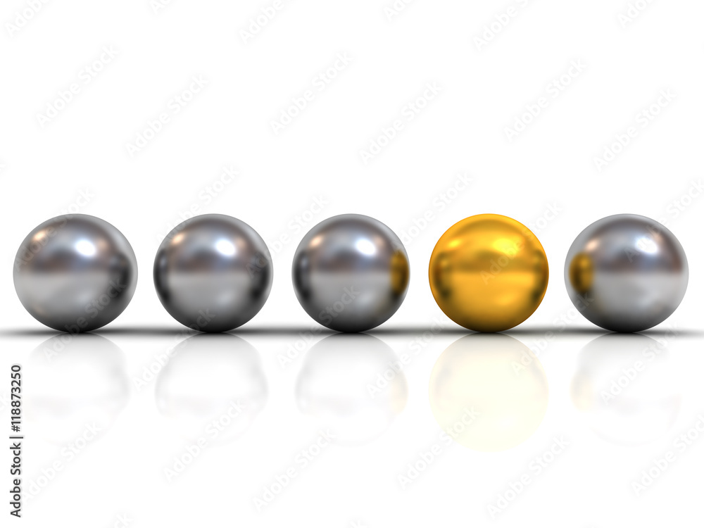 Fototapete gold sphere ball among silver sphere balls stand out from the crowd concept isolated on white backgr