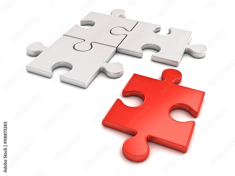 Poster red jigsaw puzzle piece stand out from the crowd different concept isolated on white background with