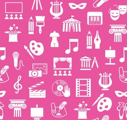 Art & culture, background, seamless, pink. Vector background with images of objects of culture, leisure and entertainment. White flat icons on pink background. 