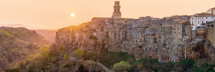 Panoramic view of the old town of Pitigliano in sunset