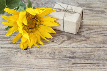 Background with yellow sunflowers and gift box on old wooden boa