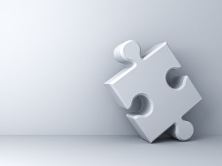 White jigsaw puzzle piece on white background with shadow 3D rendering
