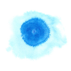 Bright blue circle painted in watercolor on white isolated background

