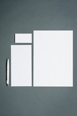 Mock-up business template with cards, papers, pen. Gray background.