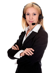 Woman from call center in hands free headset device, isolated on