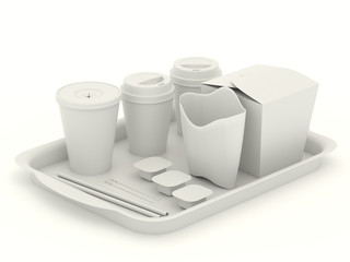 White clear set of utensils for fast food. Net Pattern for design. Clean mockup template with tray, paper cups, wok box, packaging for french fries, rolls, spoon, cup of coffee, sauce. 3d illustration