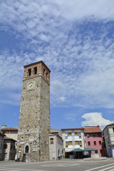 Fototapeta premium Buildings in the main square of the small historic north east Italian coastal town of Marano Lagunare in Friuli Venezia Giulia 