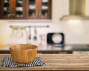 wooden bowl with kitchen background