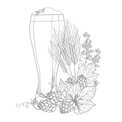 Vector beer glass with ornate wreath of Hops and barley isolated on white. Outline hops, barley for Oktoberfest, brewery and beer design. Beer elements in contour style for coloring book.