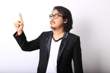 The Asian man on the white background.