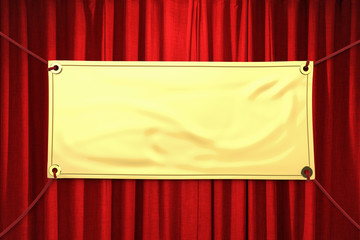 golden vinyl banner on red curtain background