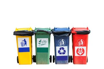  Four colorful trash cans (garbage bins) on white background.
