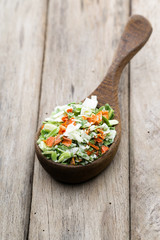 Dried vegetable spice. Bio herbs product. Finely chopped herbs.