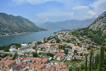 Naklejka na ściany i meble The historic town of Kotor in Montenegro as viewed from the hill above the town. 