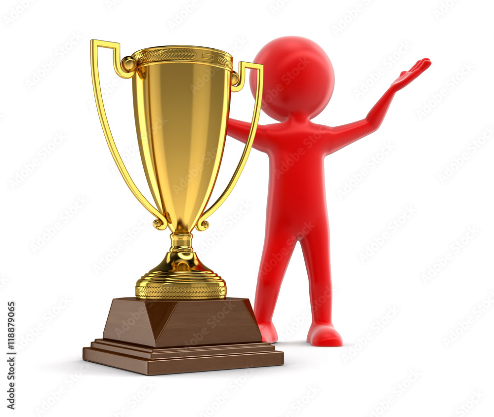 Poster man and trophy cup. image with clipping path
