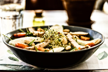 Fresh Salad With Mozzarella, Chicken, Tomatoes, Almonds And Onio