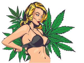 Smoking lady undressed, take off bra. The marijuana leafs on the background, vector image - 118879607