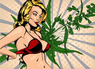 Smoking lady undressed, take off bra. The marijuana leafs on the background, vector image