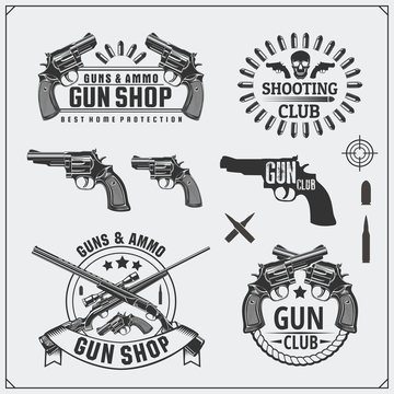 Collection of Gun club emblems, labels and design elements. Revolvers, shotguns, rifles bullets and target.
