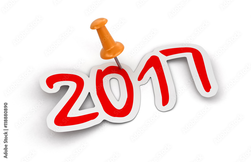 Poster push pin and 2017. image with clipping path