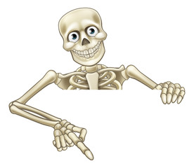 Cartoon Skeleton Pointing at Sign