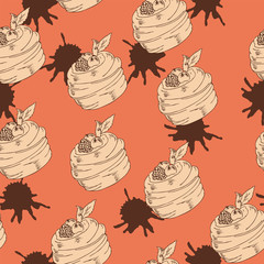 Seamless pattern with sweet small cakes and chocolate backdrops on coral background. Hand drawn vector illustration.