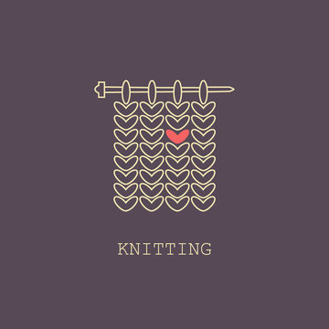 Knitting is love. Modern vector line icon of knitting. Knitting elements - yarn, knitting needle. Outline symbol for knitting shops, clubs. Knitting design element for sites. Knitting business logo.