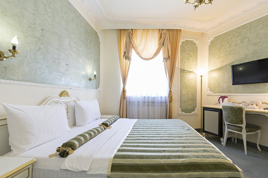 Interior of luxury double bed hotel room