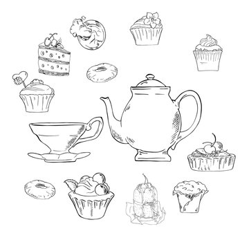 Set of teapot, teacup and collection of sweet bakery on white background. Cartoon sketch drawn by ink. Hand drawn vector illustration.