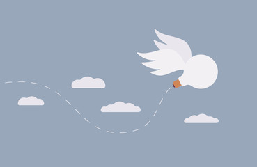 An idea, a bulb with wings is flying away in the sky. Cartoon vector flat-style concept illustration