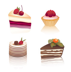 Vector set of cakes/ Selection of isolated sweets on white mirroring background