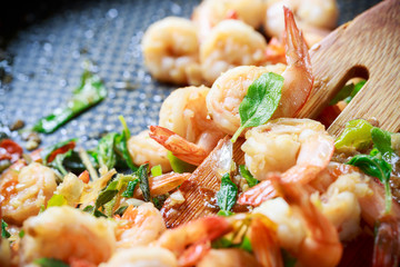 close up prawns spicy with hot basin