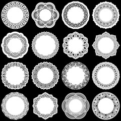 Large  set of design elements, lace round paper doily, doily to decorate the cake, template for cutting, greeting element, laser cut;  vector illustrations