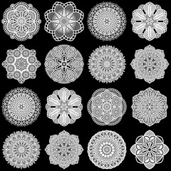 Large  set of design elements, lace round paper doily, doily to decorate the cake, template for cutting, greeting element,  snowflake, laser cut;  vector illustrations - obrazy, fototapety, plakaty
