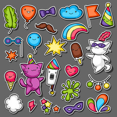 Carnival party kawaii sticker set. Cute cats, decorations for celebration, objects and symbols